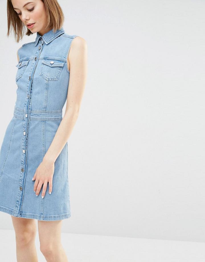 Warehouse Sleeveless Denim Dress - Light Wash
