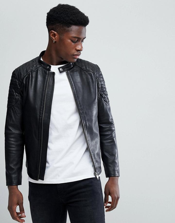 Selected Homme Leather Racer Jacket - Black