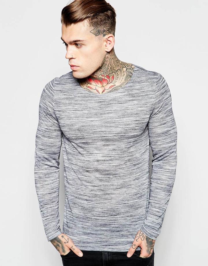 Asos Linen Look Muscle Long Sleeve T-shirt With Space Dye - Gray