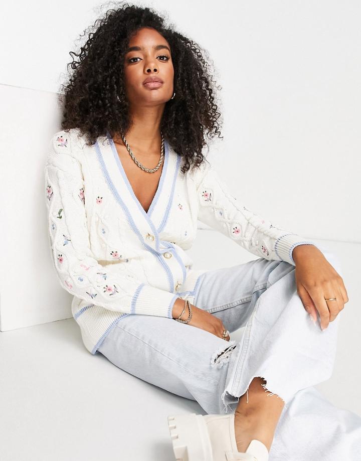 River Island Embroidered Cable Knit Cardigan In Cream-white
