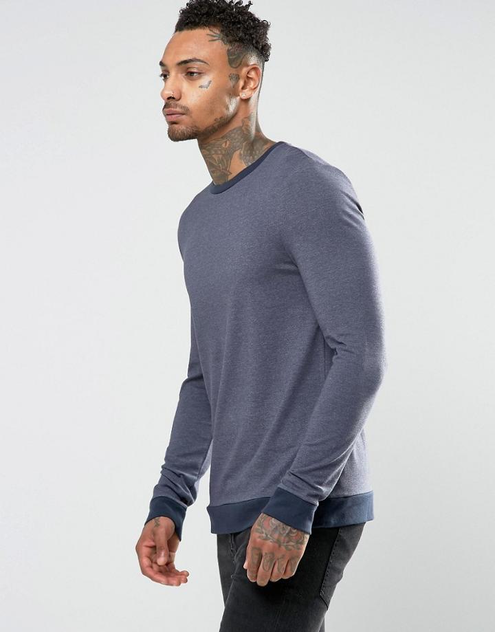 Asos Muscle Long Sleeve T-shirt With Contrast Rib Hem And Cuffs - Navy