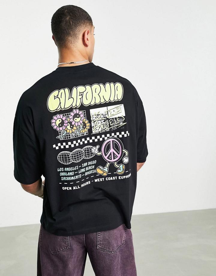 Asos Design Oversized T-shirt In Black With California Skate Back & Chest Print