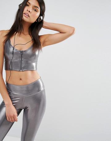 Haute Body Pewter Foil Zip Crop Top - Gray