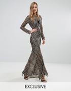 Club L Fishtail Maxi Dress With Gold Sequin Placement - Multi