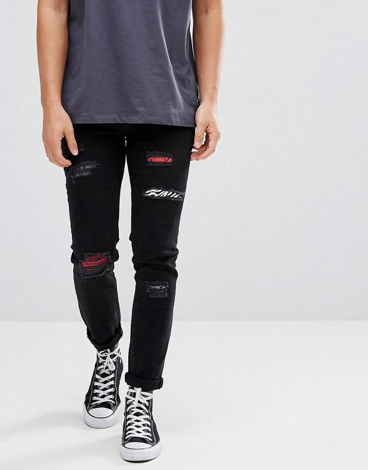 Asos Skinny Jeans In Black With Rips And Printed Patches - Black