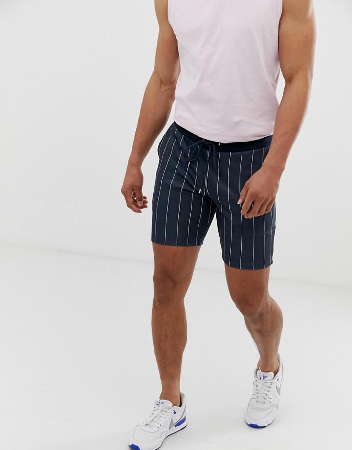 Asos Design Two-piece Poly Tricot Skinny Shorts In Shorter Length With Navy Pinstripe - Navy