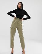 Prettylittlething Cargo Pants With Toggle Drawstring And Pockets In Khaki - Green