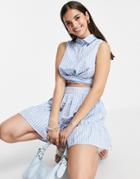 Influence Tie Back Matching Cropped Blouse In Blue Gingham-blues