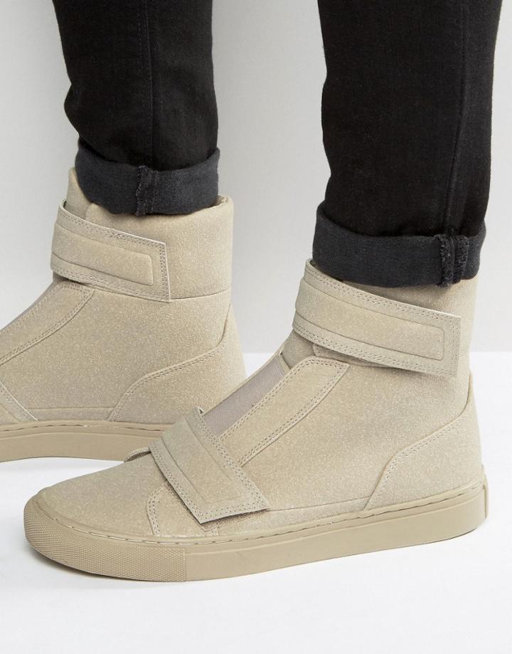 Asos High Top Sneakers In Stone Faux Suede With Straps - Stone