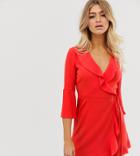 Outrageous Fortune Ruffle Wrap Dress With Fluted Sleeve In Red