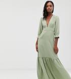 Asos Design Tall Plunge Tea Maxi Dress With Pep Hem - Green