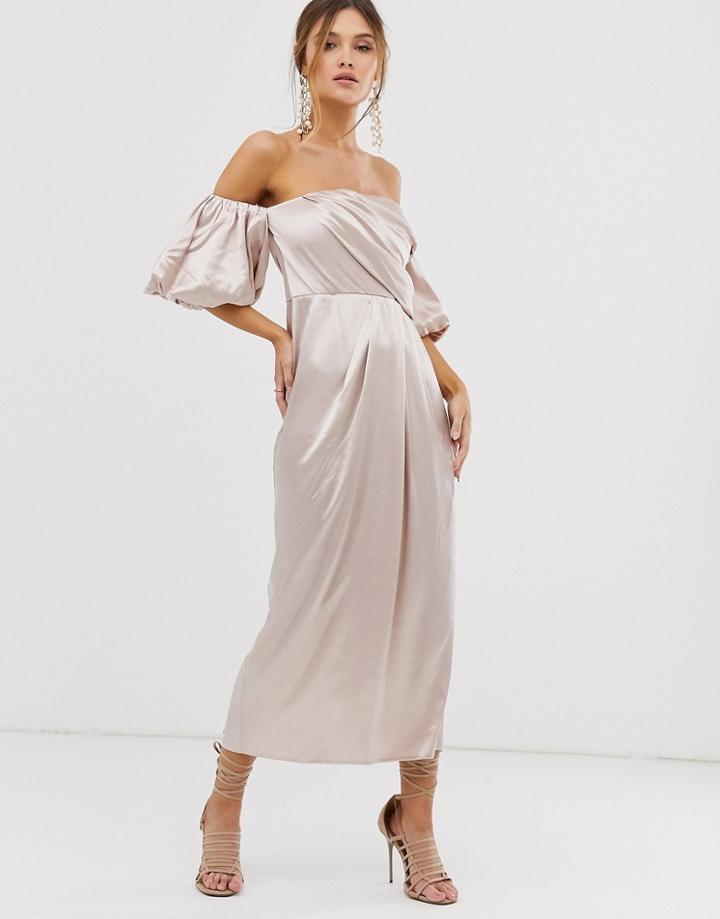 Asos Edition Drape Off Shoulder Midi Dress In Satin - Cream