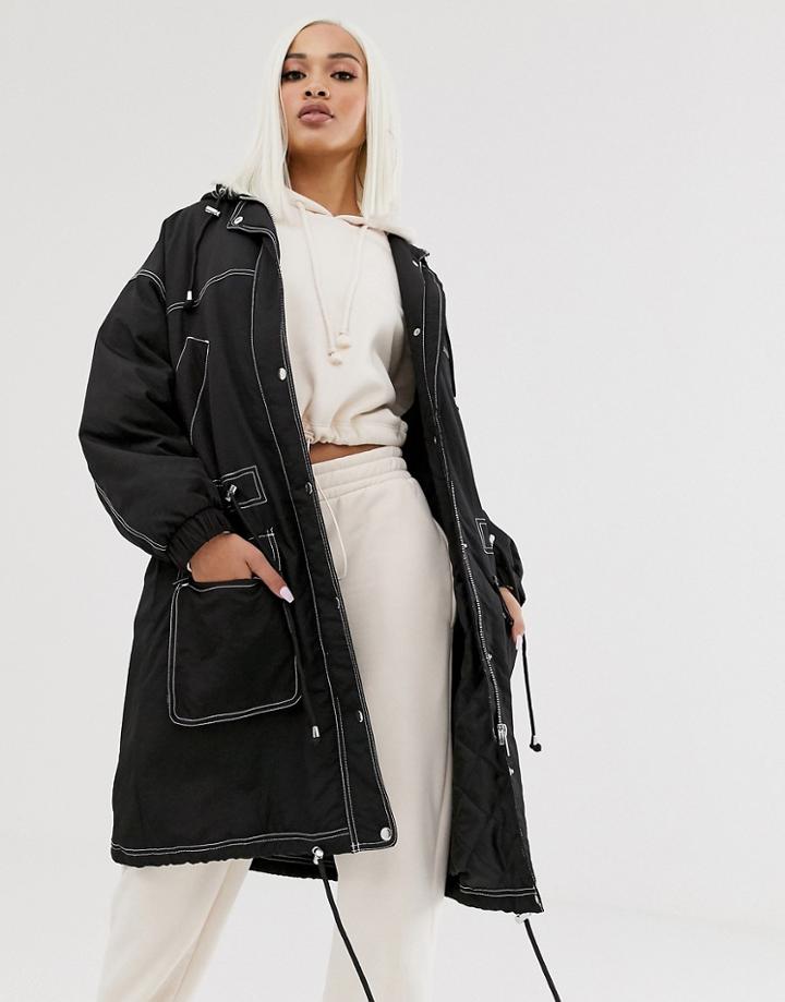 Asos Design Contrast Stitch Raincoat In Black