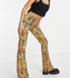 Noisy May Exclusive Cut Out Detail Flared Pants Set In Animal Print-multi