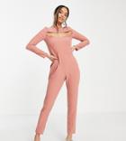 Vesper Petite Square Neck Cut Out Bust Detail Jumpsuit In Soft Mauve-pink