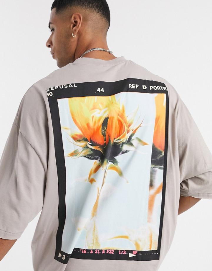 Asos Design Oversized T-shirt With Back Flower Print In Dark Beige-brown