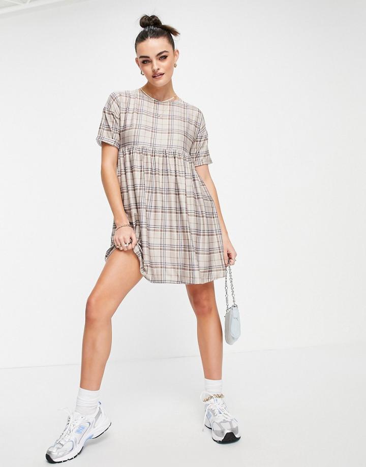 Urban Threads Smock Mini Dress In Neutral Check Print