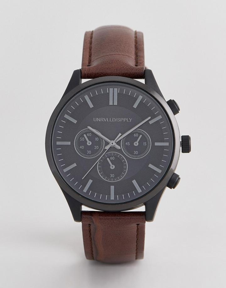 Asos Design Watch With Crocodile Emboss Strap And Contrast Black Case - Brown