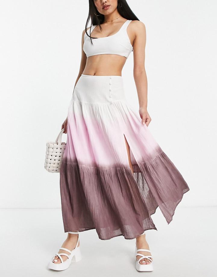 Asos Design Button Side Floaty Maxi Skirt With High Slit In Ombre-multi
