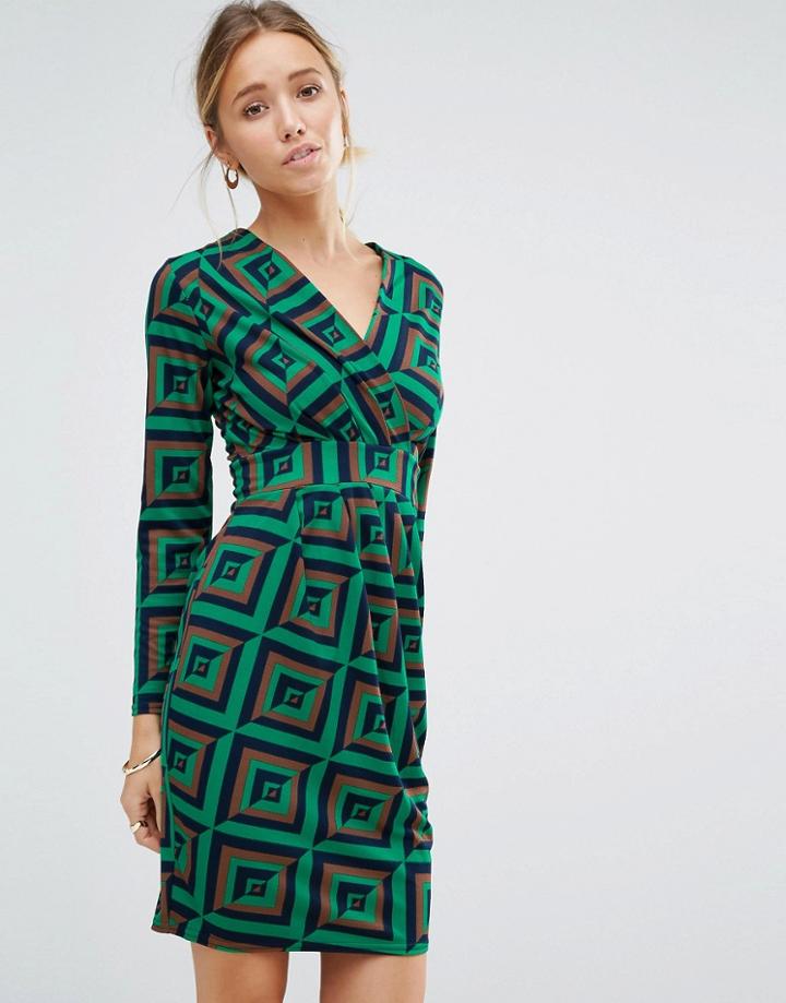 Closet Geo Print Cross Over Long Sleeve Dress - Green