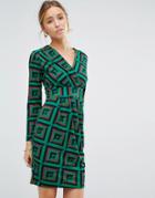 Closet Geo Print Cross Over Long Sleeve Dress - Green