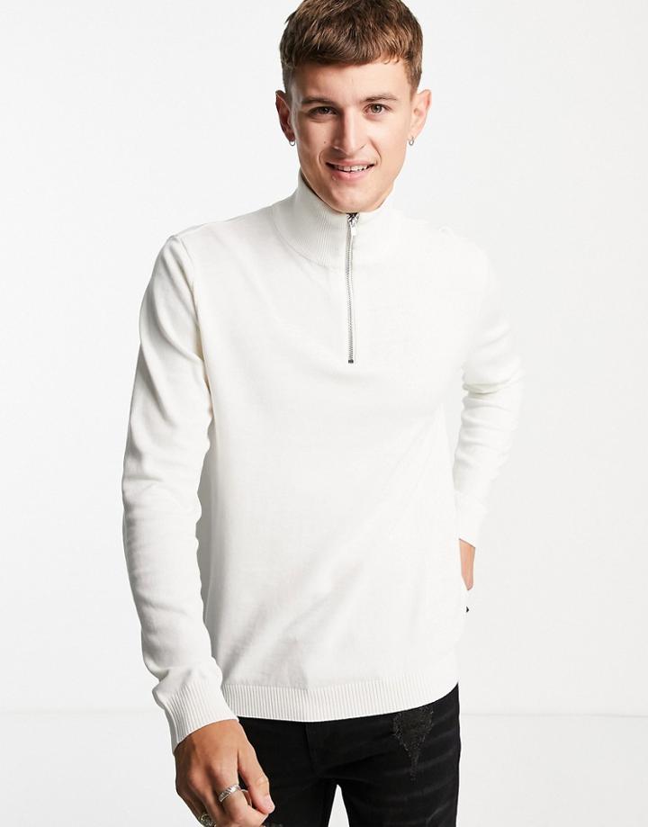 Jack & Jones Essentials Quarter Zip Sweater In White