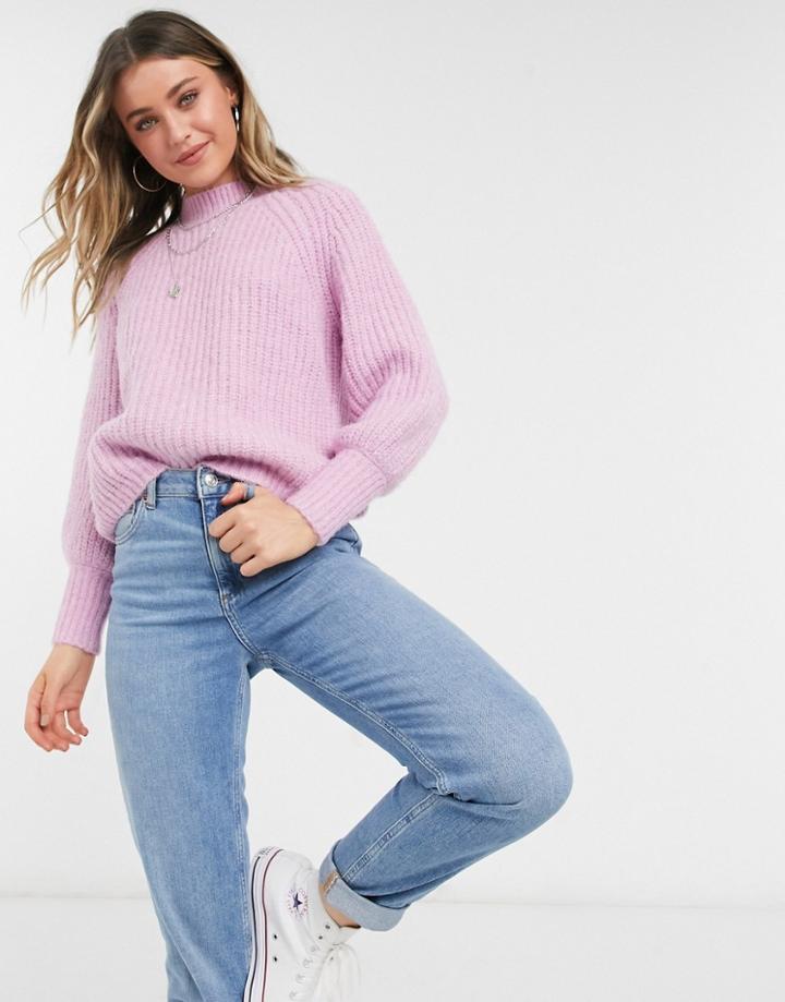 Pieces Sweater With High Neck And Puff Sleeve In Pastel Pink
