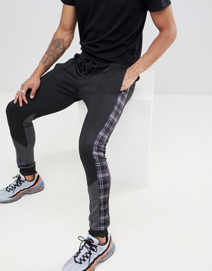 Night Addict Paneled Plaid Skinny Fit Tracksuit Joggers - Black