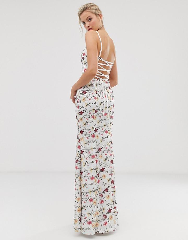 Dolly & Delicious Contrast Floral Embroidered Fishtail Maxi Dress In Multi - Multi