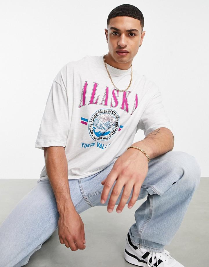 Asos Design Oversized Organic T-shirt In White Heather With Collegiate Alaska Print