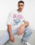 Asos Design Oversized Organic T-shirt In White Heather With Collegiate Alaska Print