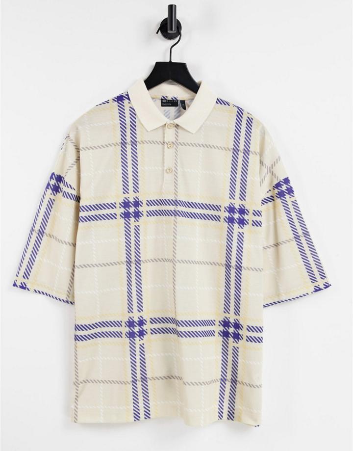 Asos Design Oversized Polo T-shirt In All-over Beige Check-neutral