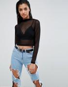 Asos Top In Mesh With Lace Bra Detail - Black