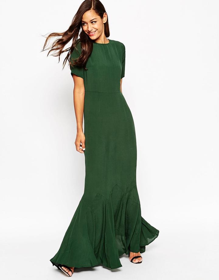Asos 30s Seamed Short Sleeve Fishtail Maxi Dress - Oxblood