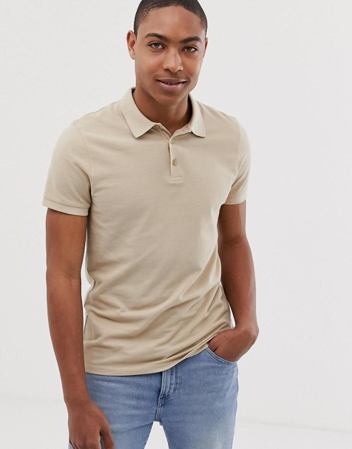 Asos Design Pique Polo In Beige - Beige