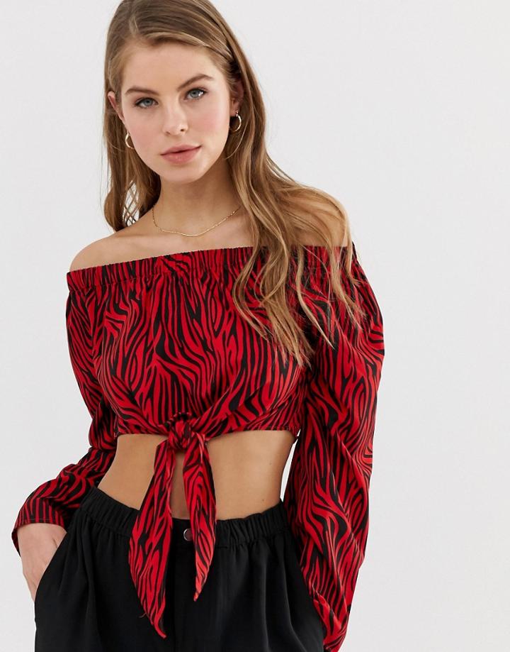 Qed London Off Shoulder Crop Top With Tie Front In Red Zebra Print - Red