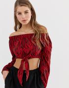 Qed London Off Shoulder Crop Top With Tie Front In Red Zebra Print - Red