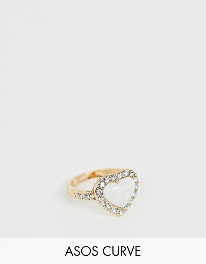 Asos Design Curve Exclusive Ring In Heart Shape With Faux Opal Stone And Crystals In Gold - Gold