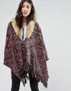 Raga On The Hunt Poncho With Faux Fur Collar - Multi