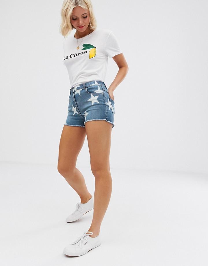 Parisian Denim Shorts With Raw Hem In Bleached Star Print - Blue