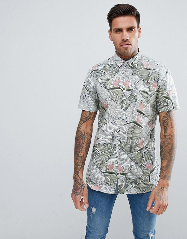 Boss Slim Fit Banana Print Shirt In Green - Green