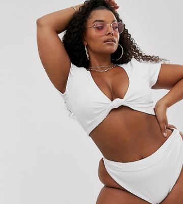 South Beach Curve Exclusive Mix And Match Ribbed Knot Tank Bikini Top In White - White