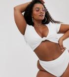 South Beach Curve Exclusive Mix And Match Ribbed Knot Tank Bikini Top In White - White