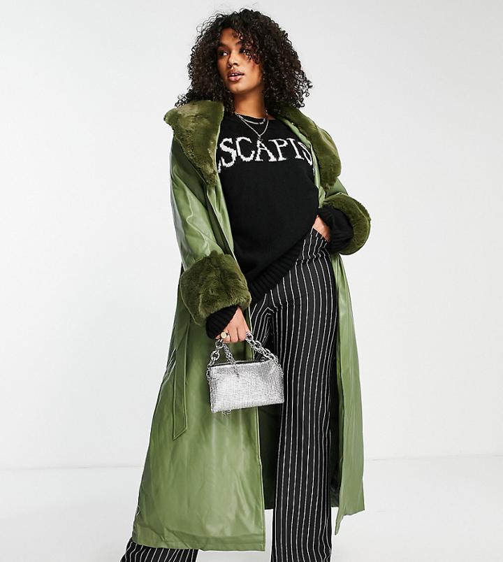 Reclaimed Vintage Plus Longline Leather Look Trench With Detachable Faux Fur Collar In Sage-green