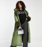 Reclaimed Vintage Plus Longline Leather Look Trench With Detachable Faux Fur Collar In Sage-green