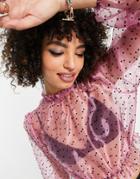 Topshop Flocked Polka Dot Organza Crop Top In Pink