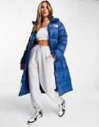 The North Face Nuptse Belted Long Puffer Coat In Blue-blues