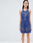 Maya Petite Halter Neck All Over Embellished Romper - Blue