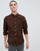 Asos Design Slim Oxford Shirt In Dark Brown - Brown