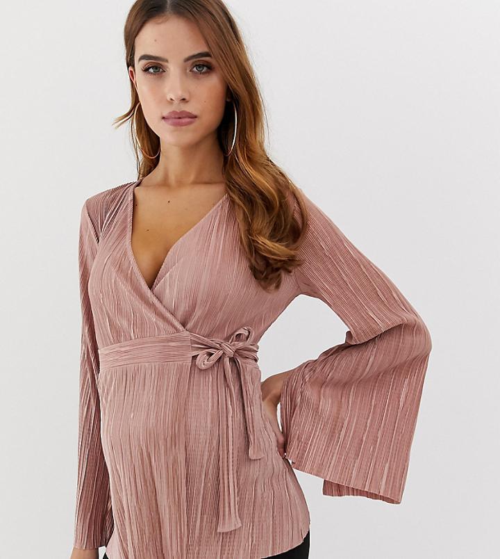Asos Design Maternity Wrap Top In Plisse With Tie Side In Dusky Pink - Pink